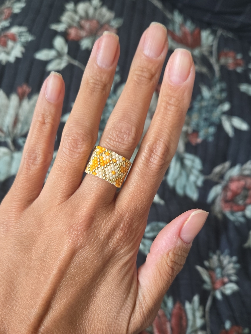 Gold and Yellow Beaded Wide Band Ring - Women's Fashion Ring